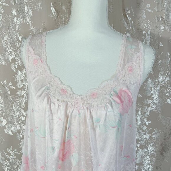 Vintage Vanity Fair Pink Floral Satin Night Gown Lace Coquette Ballerina Size M - Picture 2 of 8